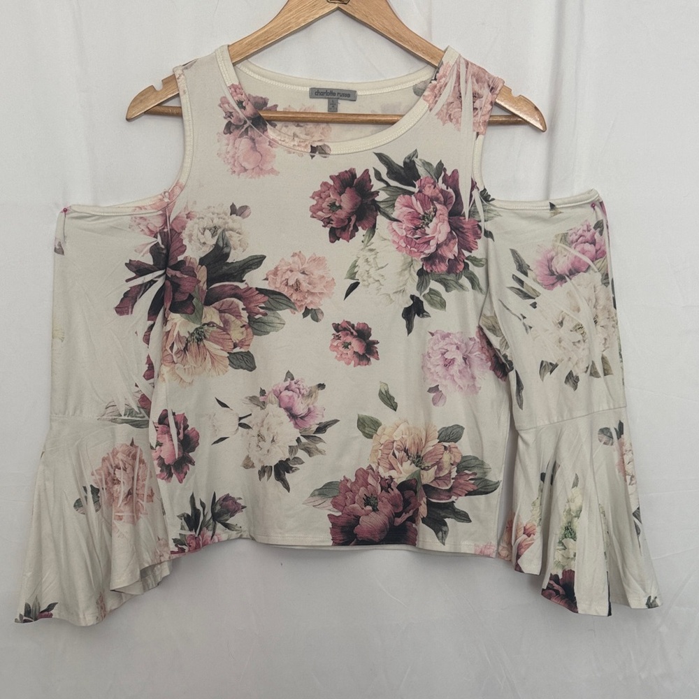 Charlotte Russe Floral Off-Shoulder Blouse - Pink and Cream